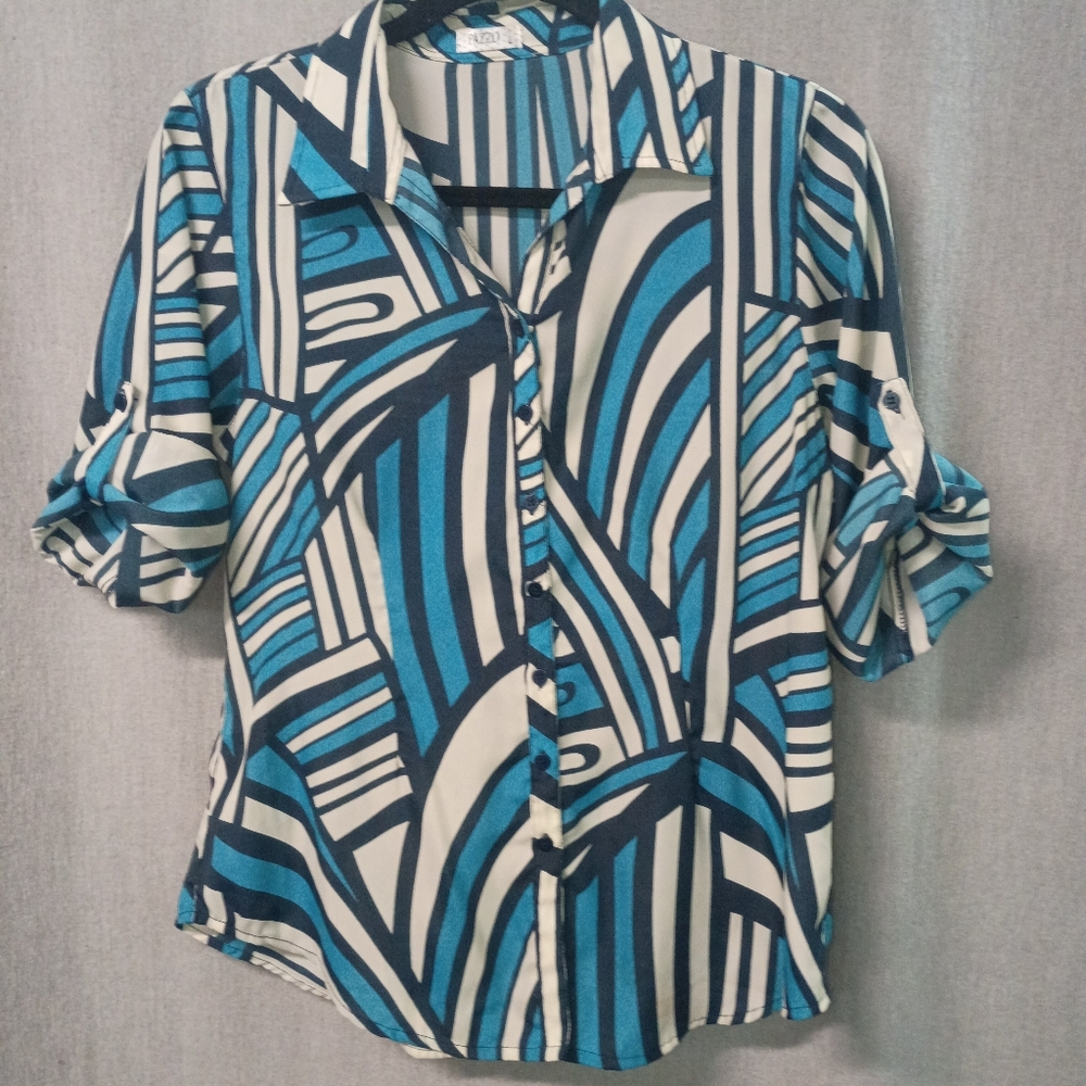Pazzo Size L Convertible Sleeve Button Down Blouse Fitted